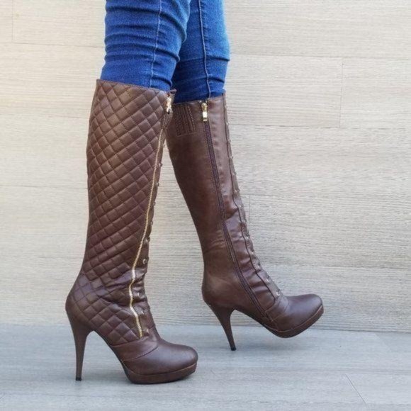 Brown Quilt Knee High Platform Boots - Picture 10 of 11